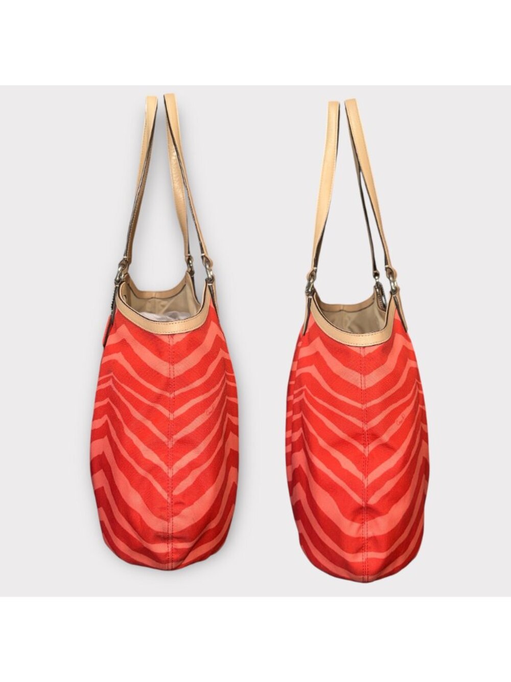 Coach Devin Shoulder Bag F24022 Orange Animal Print Canvas Tan Leather Tote - Picture 4 of 7